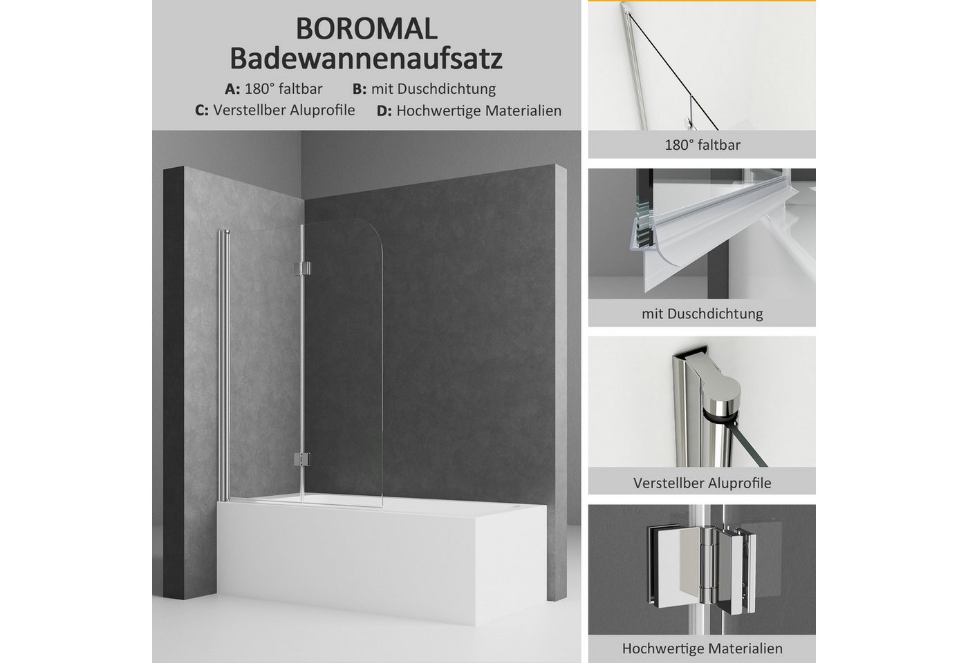Boromal Badewannenfaltwand Badewannenaufsatz 2-teilig Duschwand Faltbar für Dusche 6 mm ESG 140H, Einscheibensicherheitsglas, Beidseitige Nanobeschichtung Bild 3
