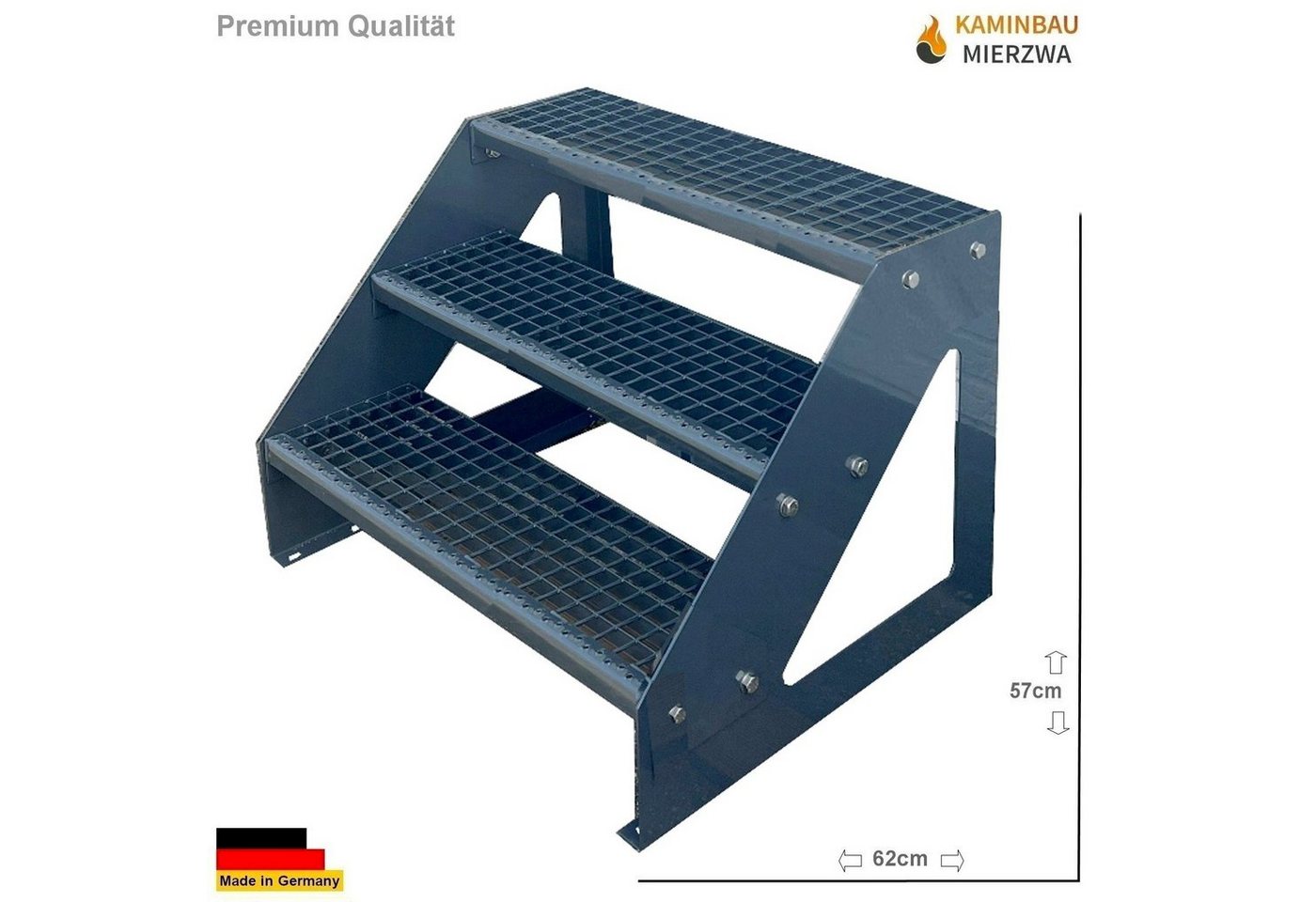 Kaminbau Mierzwa Außentreppe Premium Treppe Anthrazit mit oder ohne Geländer, für Geschosshöhen bis 57.00 cm, Stufen Gitterroststufen nach DIN 24531, (Höhe 57 cm, Stufenbreite und Geländerart wählbar), Gartentreppe Stahltreppe Wetterfest Rostfrei Feuer-Verzinkt Rutschfest Bild 4
