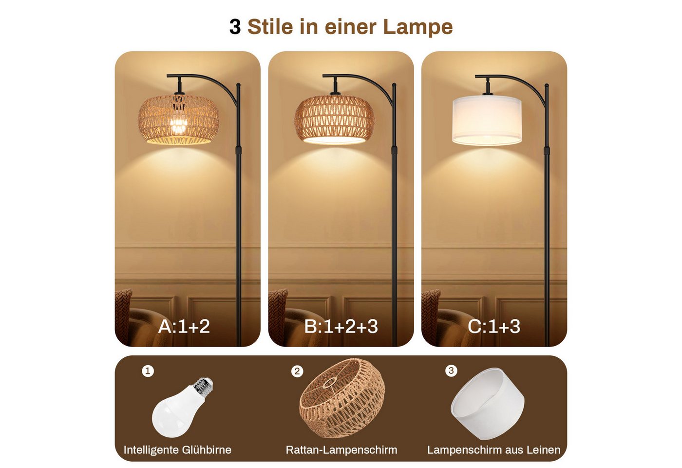 Lapamax LED Stehlampe Dimmbare Stehlampe Wohnzimmer Vintage Standleuchte mit Fernbedienung, App-Steuerung Rattan Stehleuchte Leinen Lampenschirm Bogenlampe Büro