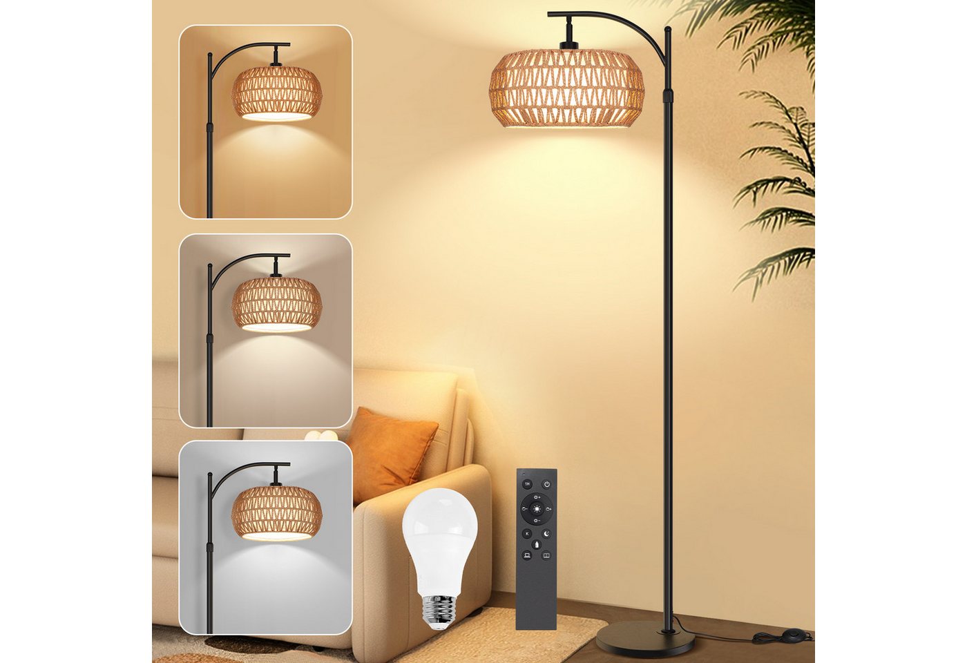 Lapamax LED Stehlampe Dimmbare Stehlampe Wohnzimmer Vintage Standleuchte mit Fernbedienung, App-Steuerung Rattan Stehleuchte Leinen Lampenschirm Bogenlampe Büro Bild 2