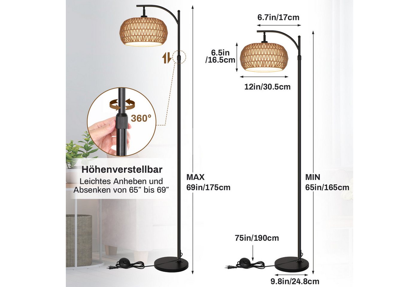 Lapamax LED Stehlampe Dimmbare Stehlampe Wohnzimmer Vintage Standleuchte mit Fernbedienung, App-Steuerung Rattan Stehleuchte Leinen Lampenschirm Bogenlampe Büro Bild 3