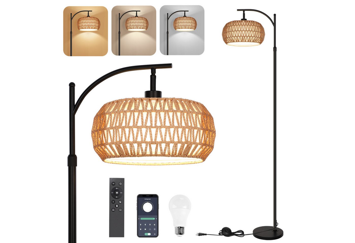 Lapamax LED Stehlampe Dimmbare Stehlampe Wohnzimmer Vintage Standleuchte mit Fernbedienung, App-Steuerung Rattan Stehleuchte Leinen Lampenschirm Bogenlampe Büro Bild 4