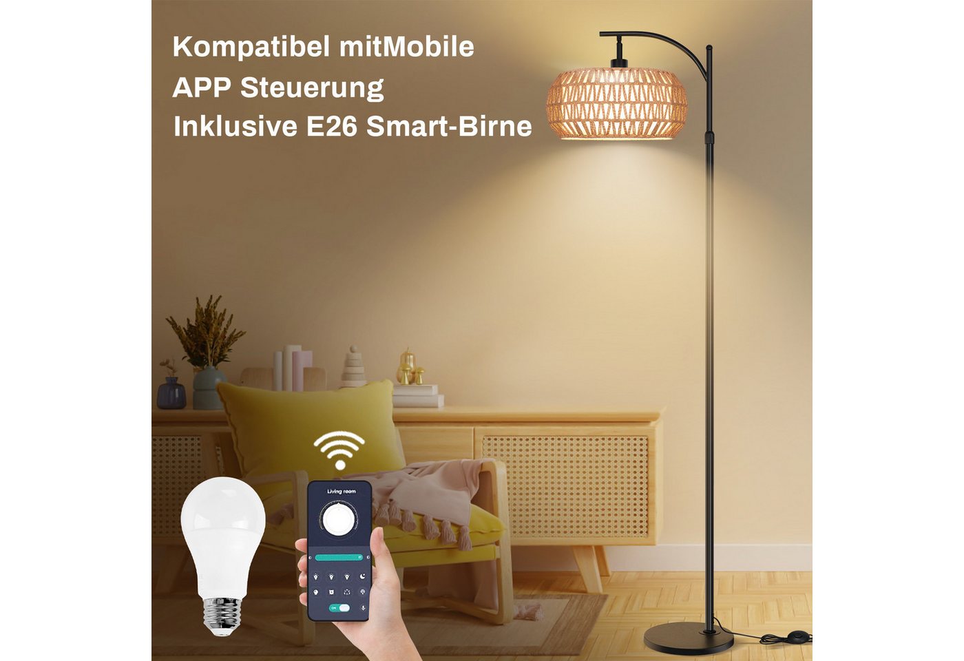Lapamax LED Stehlampe Dimmbare Stehlampe Wohnzimmer Vintage Standleuchte mit Fernbedienung, App-Steuerung Rattan Stehleuchte Leinen Lampenschirm Bogenlampe Büro Bild 5