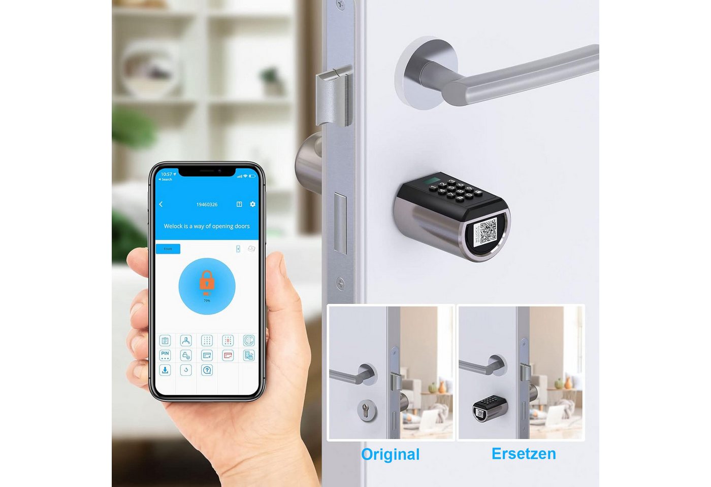 WE.LOCK Türschlossantrieb WELOCK Elektronisches Türschloss PBL41 für 50-100mm Türen, (Packung, Smartes türschloss x1, Anleitung x1, Zubehörbox x1), Passwort, APP, USB-Entsperrung, 5-Minuten-Installation