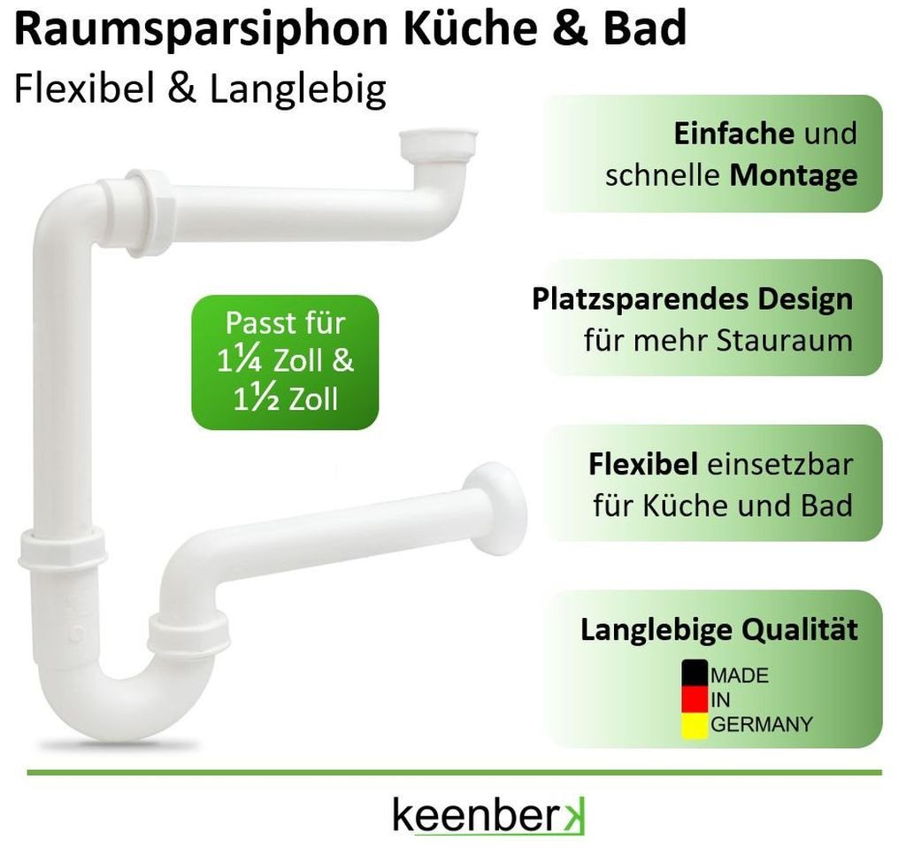 keenberk Siphon 1 1/4 Zoll mit 40 mm Anschluss für Waschbecken Spüle Küche Bad Bild 3