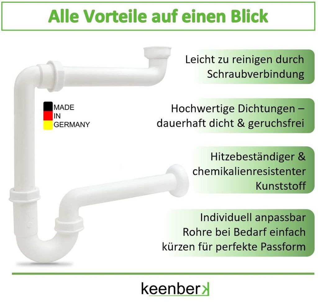 keenberk Siphon 1 1/4 Zoll mit 40 mm Anschluss für Waschbecken Spüle Küche Bad Bild 4