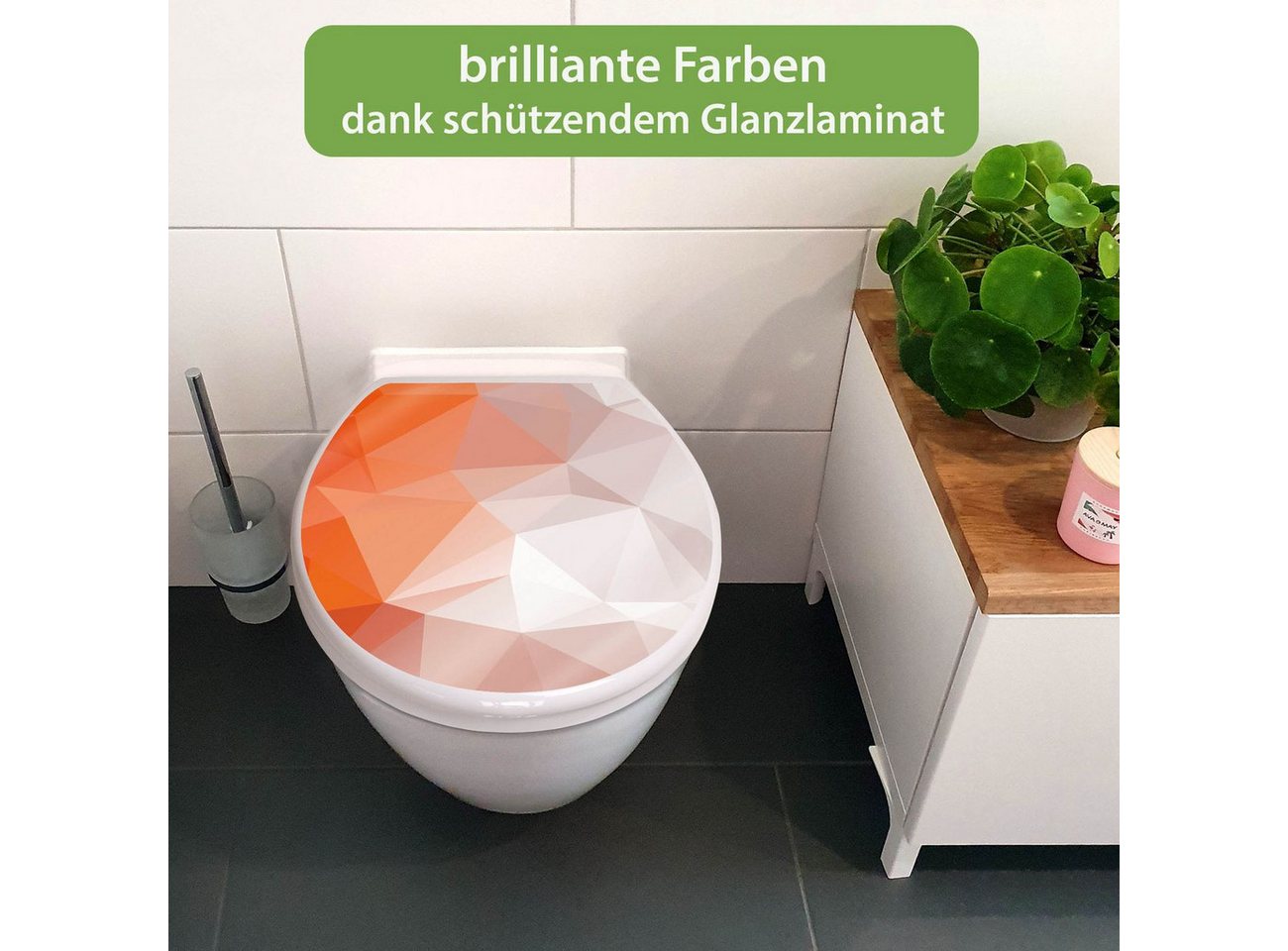 banjado WC-Sitz mit Absenkautomatik Motiv Orange Polygon (umweltfreundliches Material, integrierte Scharniere), 44,5 x 37 x 5 cm Bild 2