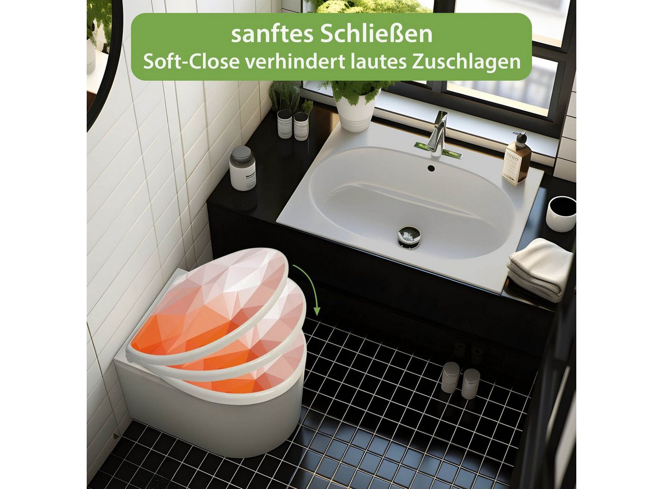 banjado WC-Sitz mit Absenkautomatik Motiv Orange Polygon (umweltfreundliches Material, integrierte Scharniere), 44,5 x 37 x 5 cm Bild 5
