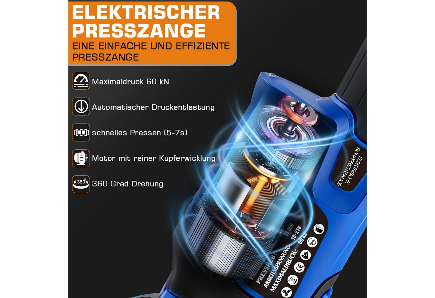 XERSEK Presszange Profi Crimpzange Rohrpresszange LCD-Display 2x5.0Ah-Akku TH & V-Kontur, 9 Sätze Pressbacken: TH16 TH20 TH26 TH32, V12 V15 V18 V22 V28, Hilfsgurt f. Ein-Mann-Bedienung Kupferrohre Edelstahlrohre Verbundrohr Bild 3