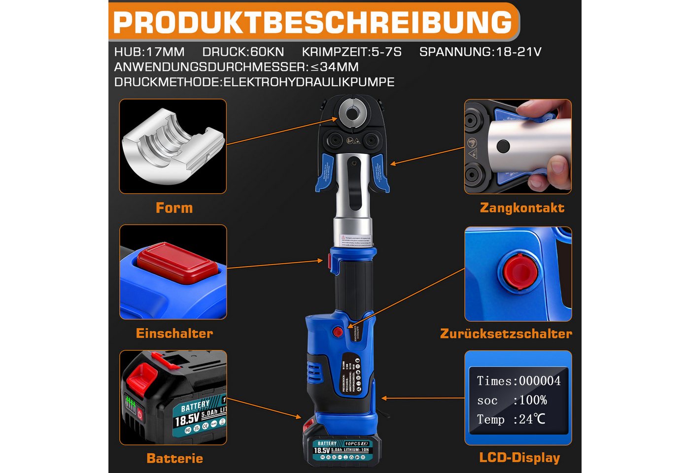 XERSEK Presszange Profi Crimpzange Rohrpresszange LCD-Display 2x5.0Ah-Akku TH & V-Kontur, 9 Sätze Pressbacken: TH16 TH20 TH26 TH32, V12 V15 V18 V22 V28, Hilfsgurt f. Ein-Mann-Bedienung Kupferrohre Edelstahlrohre Verbundrohr Bild 4