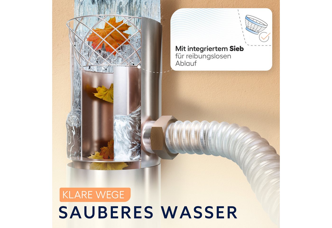 Drei Eichen Regentonnenfüllautomat Regenwassersammler mit Sieb - Fallrohre 8cm 10cm Edelstahl Schlauch, Edelstahl, Überlaufschutz, inkl. Sieb, Schlauch und Fassanschluss. Bild 2