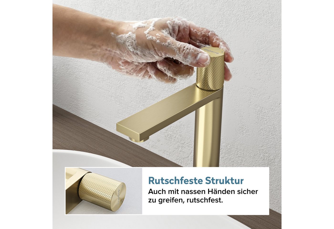 doporro Waschtischarmatur Wasserhahn Bad mit 107 mm Auslaufhöhe Edelstahlgehäuse Fino-01 Hochwertiger Edelstahlkörper mit PVD-Beschichtung Bild 3