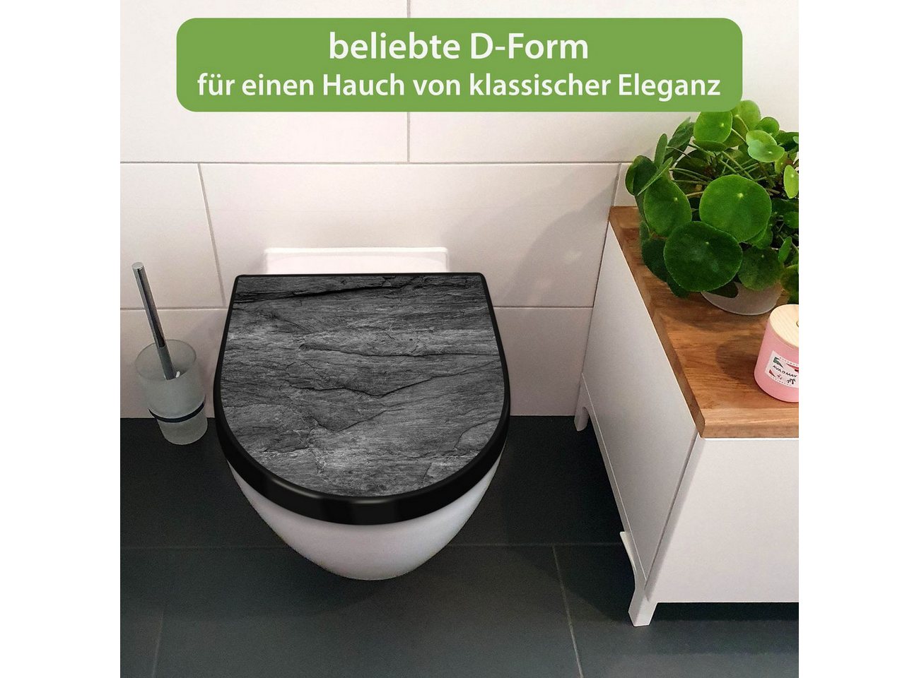 banjado WC-Sitz Premium D-Form mit Absenkautomatik Motiv Schiefer Platte 1 (umweltfreundliches Material, Softclose Absenkautomatik), 45 x 36,4 x 4