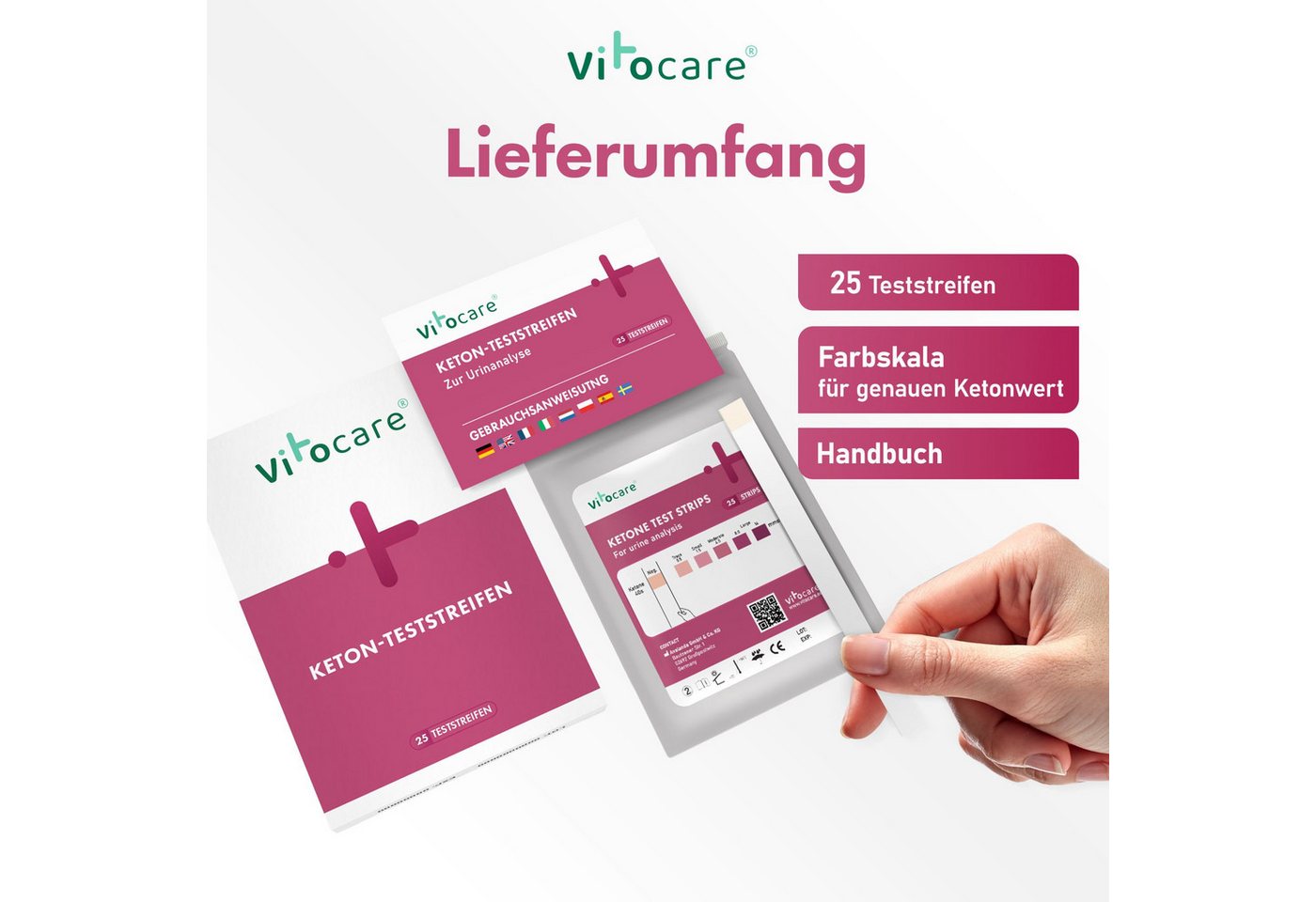 Vitocare Blutzuckermessgerät Keton & Keto Teststreifen, Ketose Selbsttest, 25/125 Stk., Keton Test