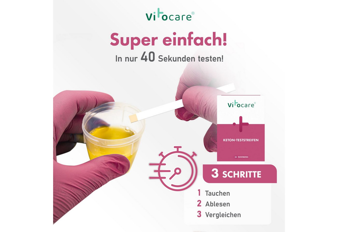 Vitocare Blutzuckermessgerät Keton & Keto Teststreifen, Ketose Selbsttest, 25/125 Stk., Keton Test Bild 3