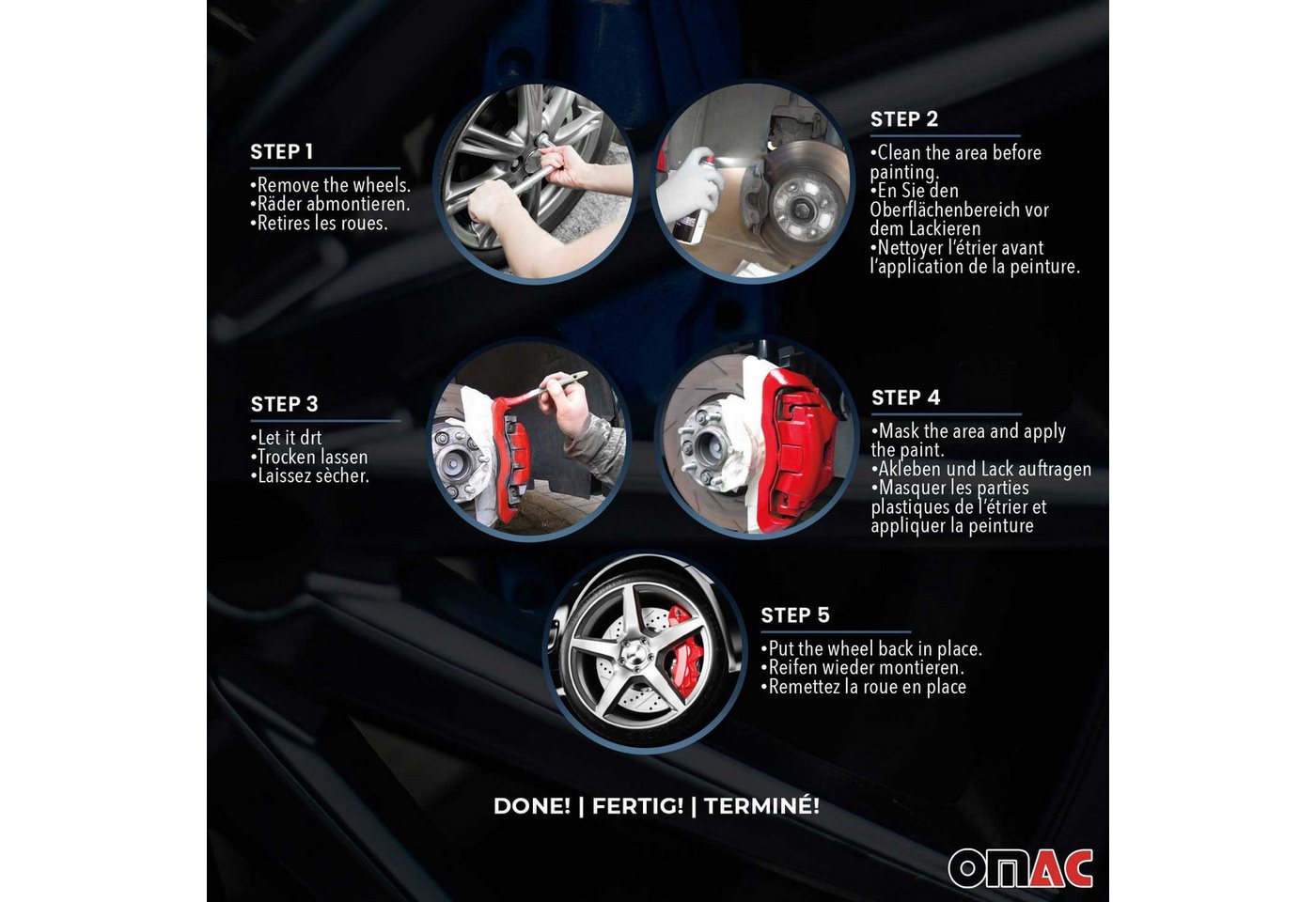 OMAC Sprühfarbe OMAC Bremssattellack New York Schwarz Glänz Auto Lack Set, Hitzbeständig, Starke Haftung, Einfache DIY-Anwendung