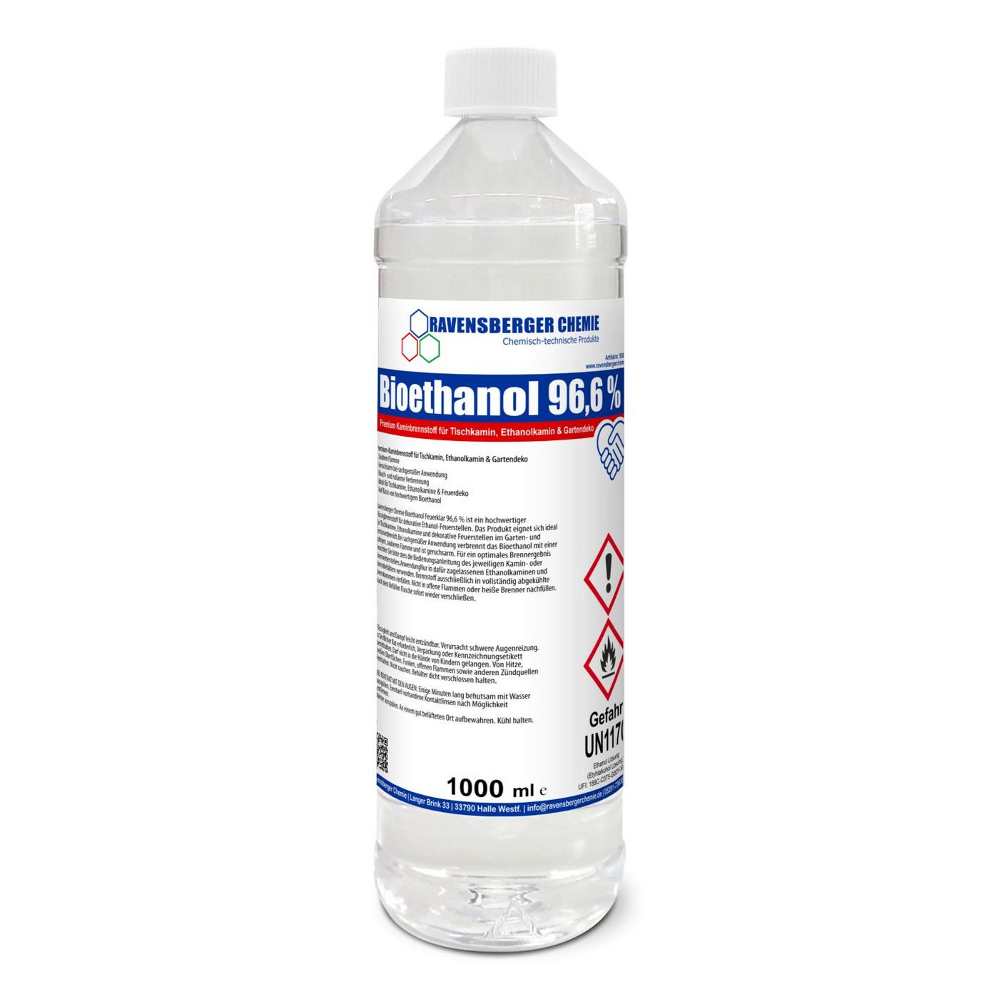 Ravensberger Chemie Bioethanol 96,6 % Premium Kaminbrennstoff für Tischkamin Ethanol Kamin, 1 l, Premium Bioethanol 96,6 % für Tischkamin & Ethanolkamin - 1L