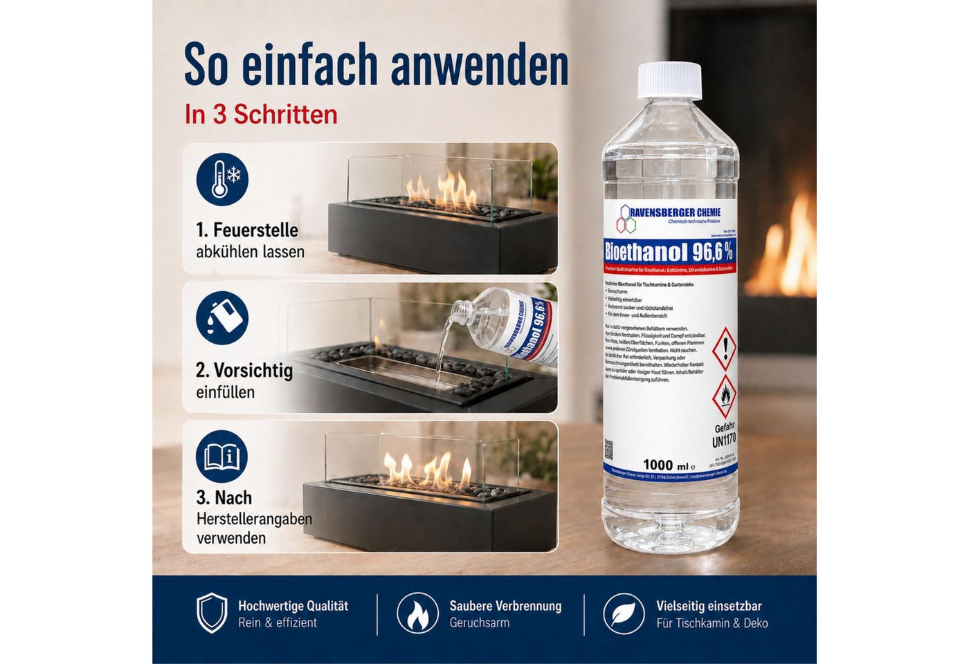 Ravensberger Chemie Bioethanol 96,6 % Premium Kaminbrennstoff für Tischkamin Ethanol Kamin, 1 l, Premium Bioethanol 96,6 % für Tischkamin & Ethanolkamin - 1L Bild 2