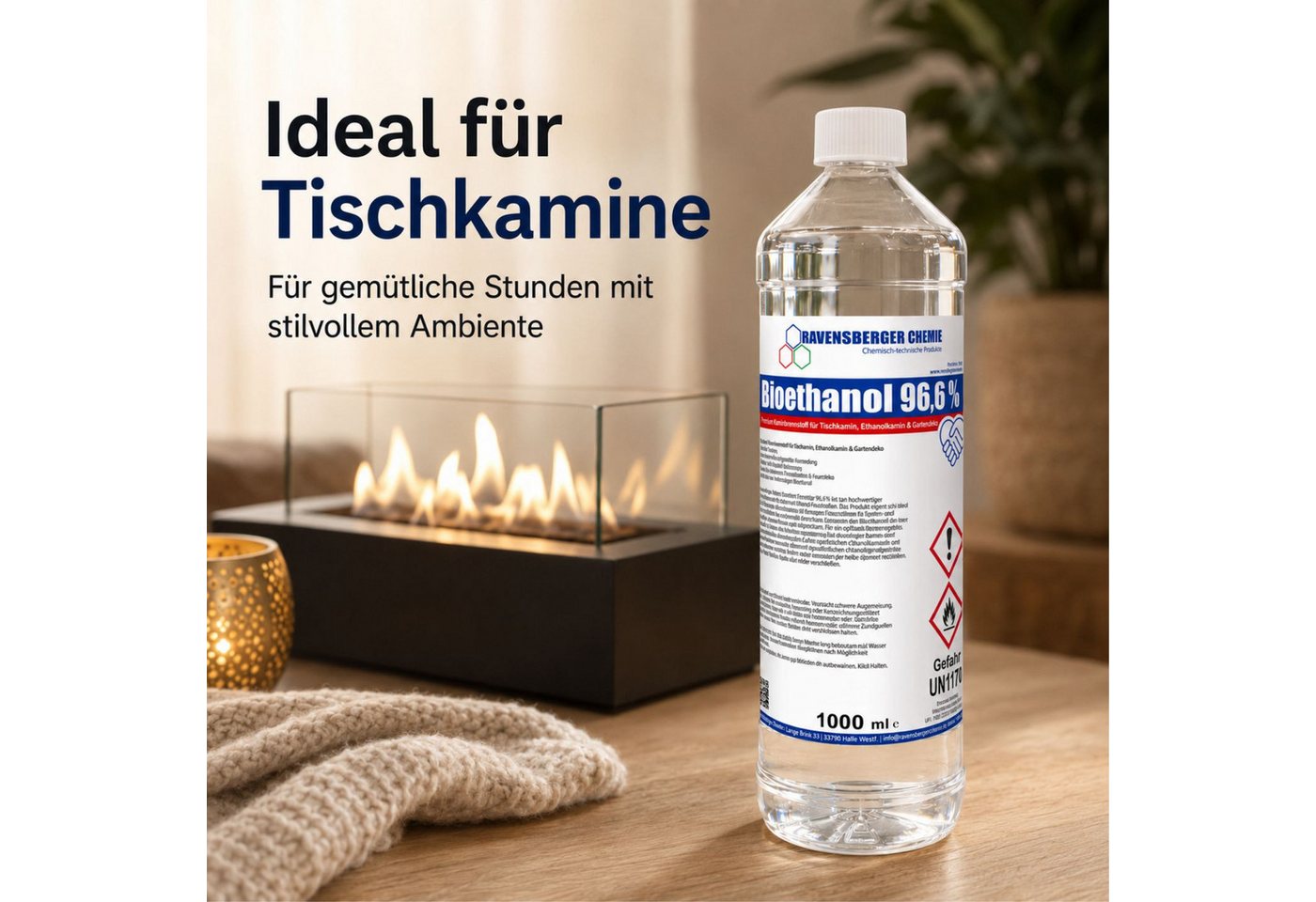 Ravensberger Chemie Bioethanol 96,6 % Premium Kaminbrennstoff für Tischkamin Ethanol Kamin, 1 l, Premium Bioethanol 96,6 % für Tischkamin & Ethanolkamin - 1L Bild 5