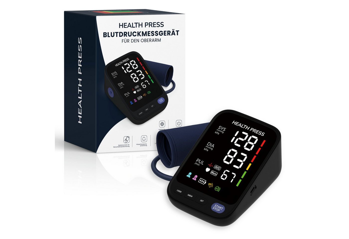 Health Press Oberarm-Blutdruckmessgerät Blutdruckmessgeraet für den Oberarm, Mit WHO-Farbskala, Pulserkennung & Speicher für 2 Nutzer Bild 2