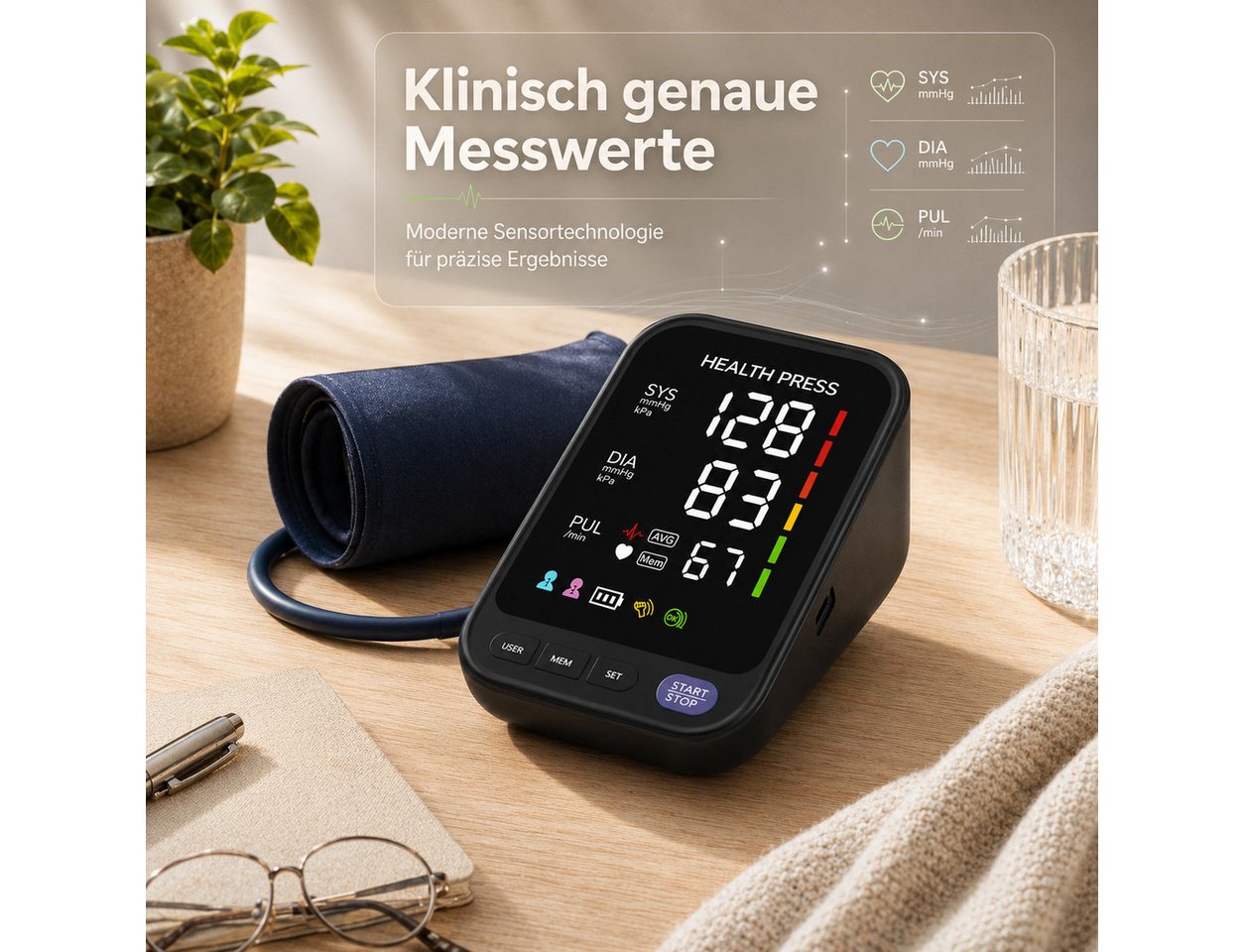 Health Press Oberarm-Blutdruckmessgerät Blutdruckmessgeraet für den Oberarm, Mit WHO-Farbskala, Pulserkennung & Speicher für 2 Nutzer Bild 4