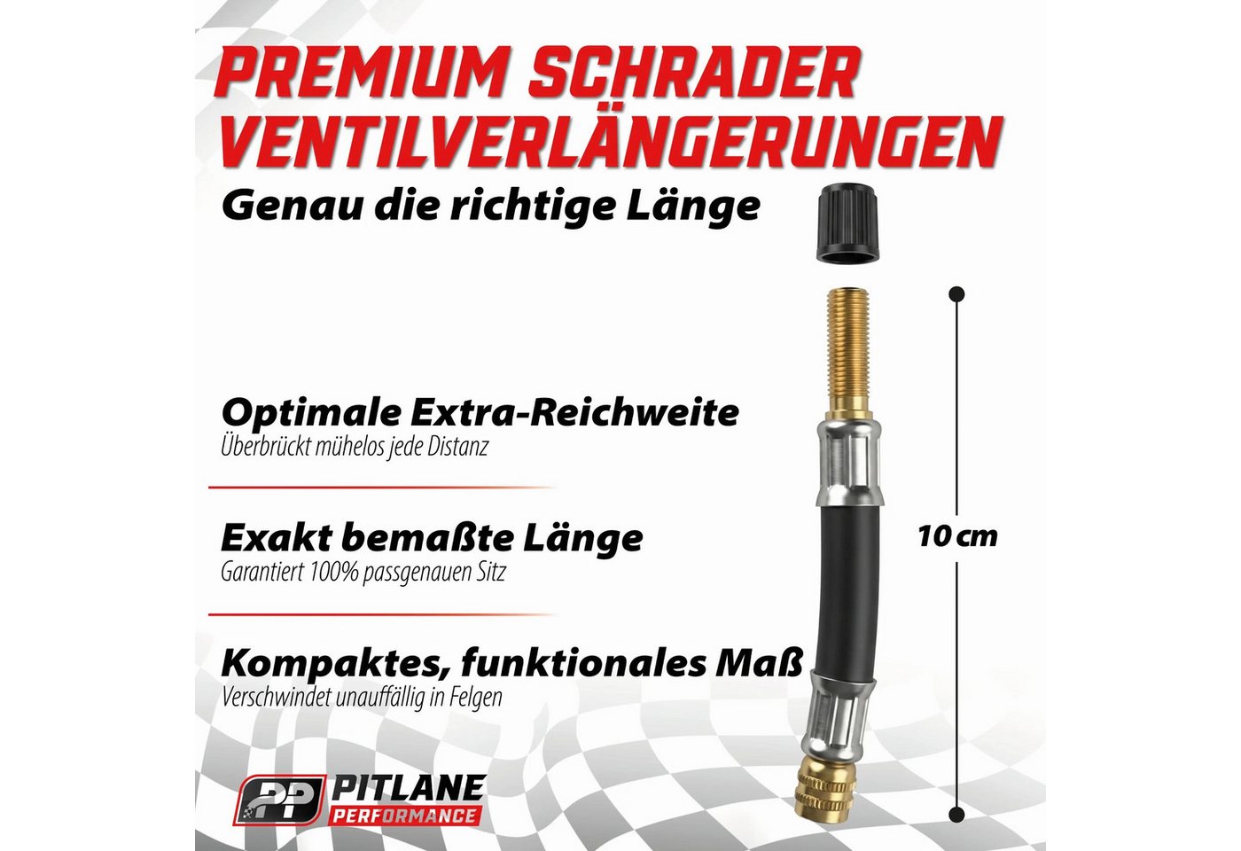 Pitlane Performance Ventilkappe Ventilverlängerung Autoventil, (Flexible Schrader Luftdruckventil Verlängerungen, 4-St., Ventilverlängerung für Autoventil), für Auto Motorrad E-Scooter Fahrrad LKW, dicht Bild 2