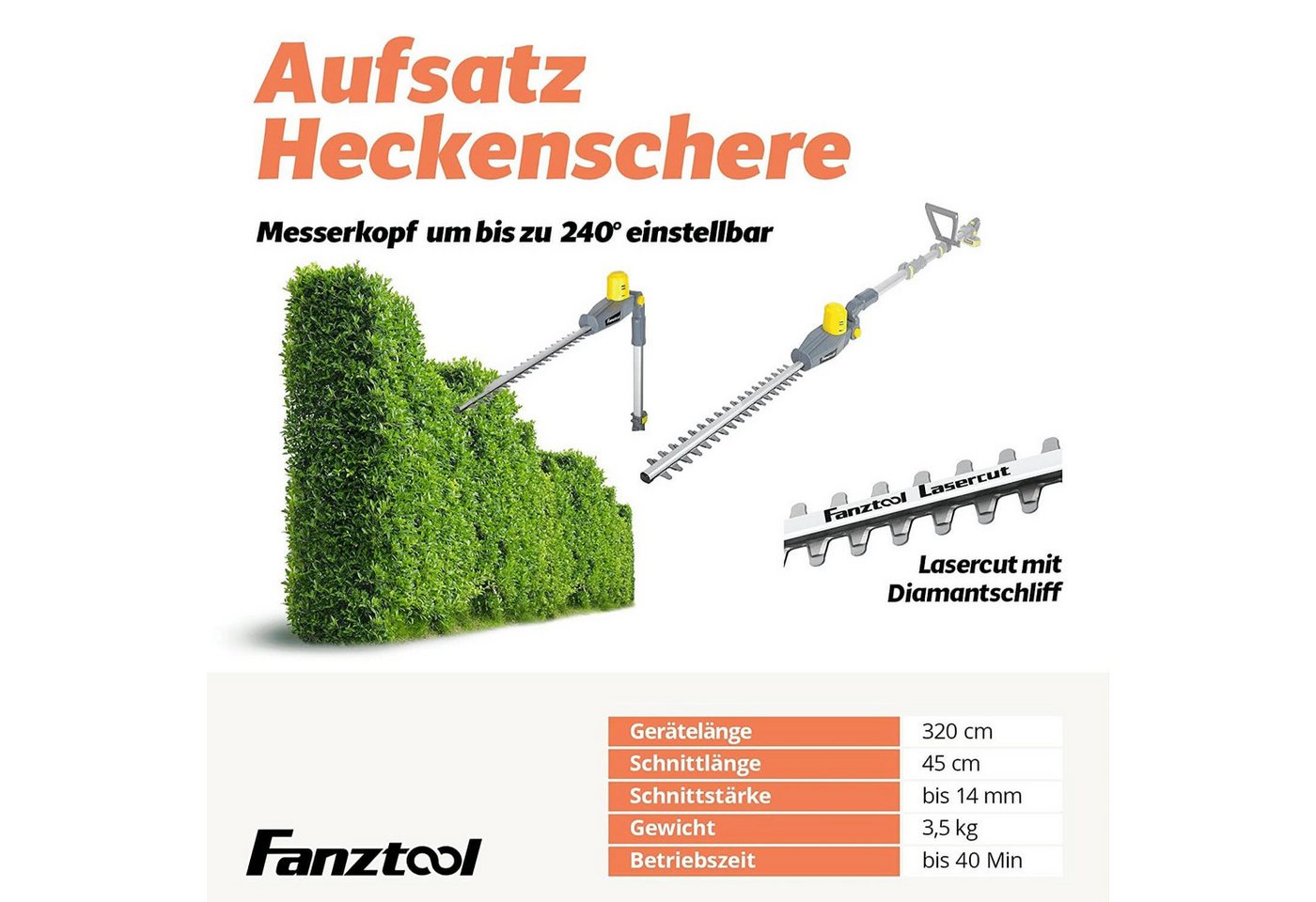 Fanztool Akku-Heckenschere FANZTOOL 20V Li-Ion Akku 2-in-1 Hochentaster/teleskop Heckenschere