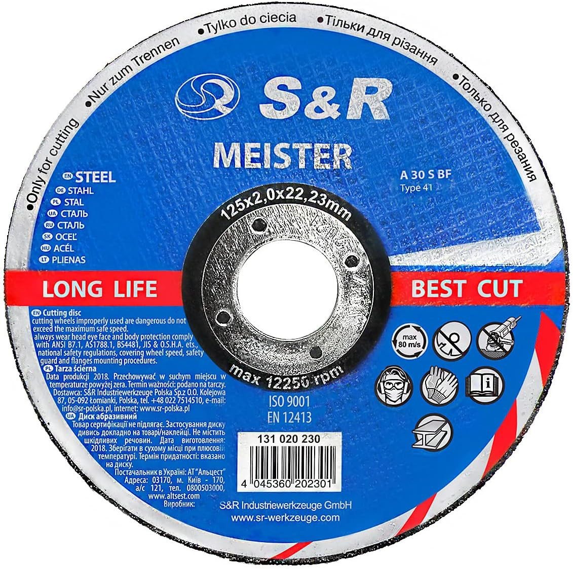 S&R Trennscheibe für Metall, Stahl 125 x 2,0 x 22,23 mm, A30 S-BF, für Winkelschleifer, (Set, 25 Stück), Hochleistungs-Elektrokorund Korn, 2-fach Fiberglas-Verstärkung