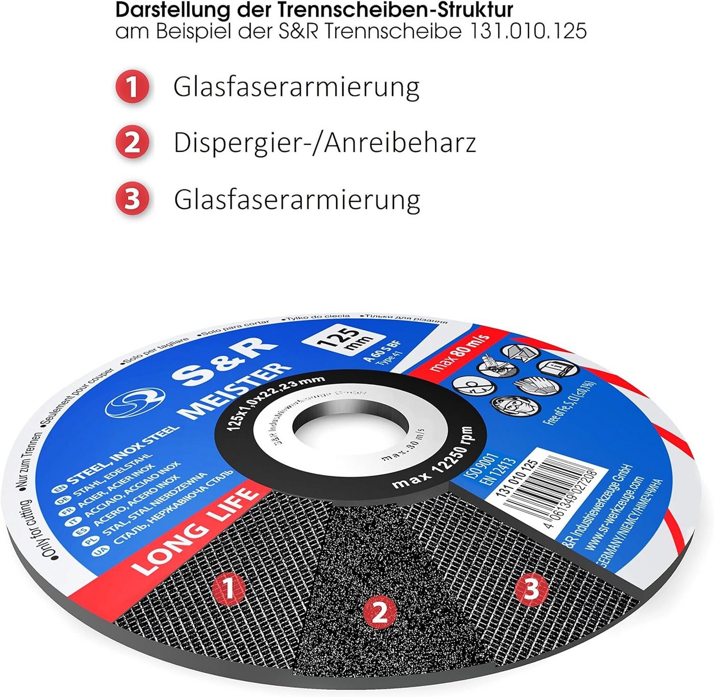 S&R Trennscheibe für Metall, Stahl 125 x 2,0 x 22,23 mm, A30 S-BF, für Winkelschleifer, (Set, 25 Stück), Hochleistungs-Elektrokorund Korn, 2-fach Fiberglas-Verstärkung Bild 5