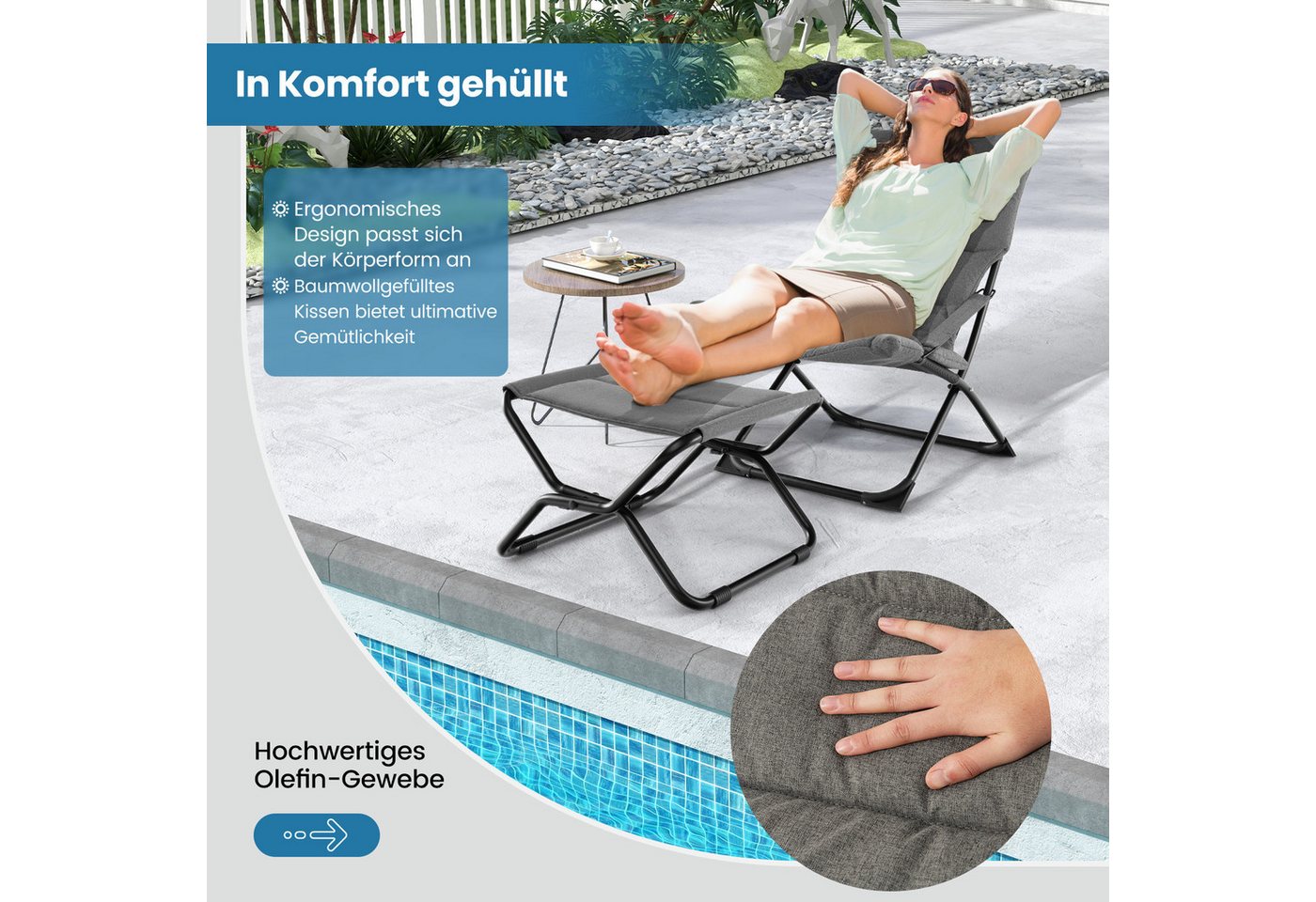 KOMFOTTEU Gartenstuhl, Liegestuhl klappbar, mit Hocker