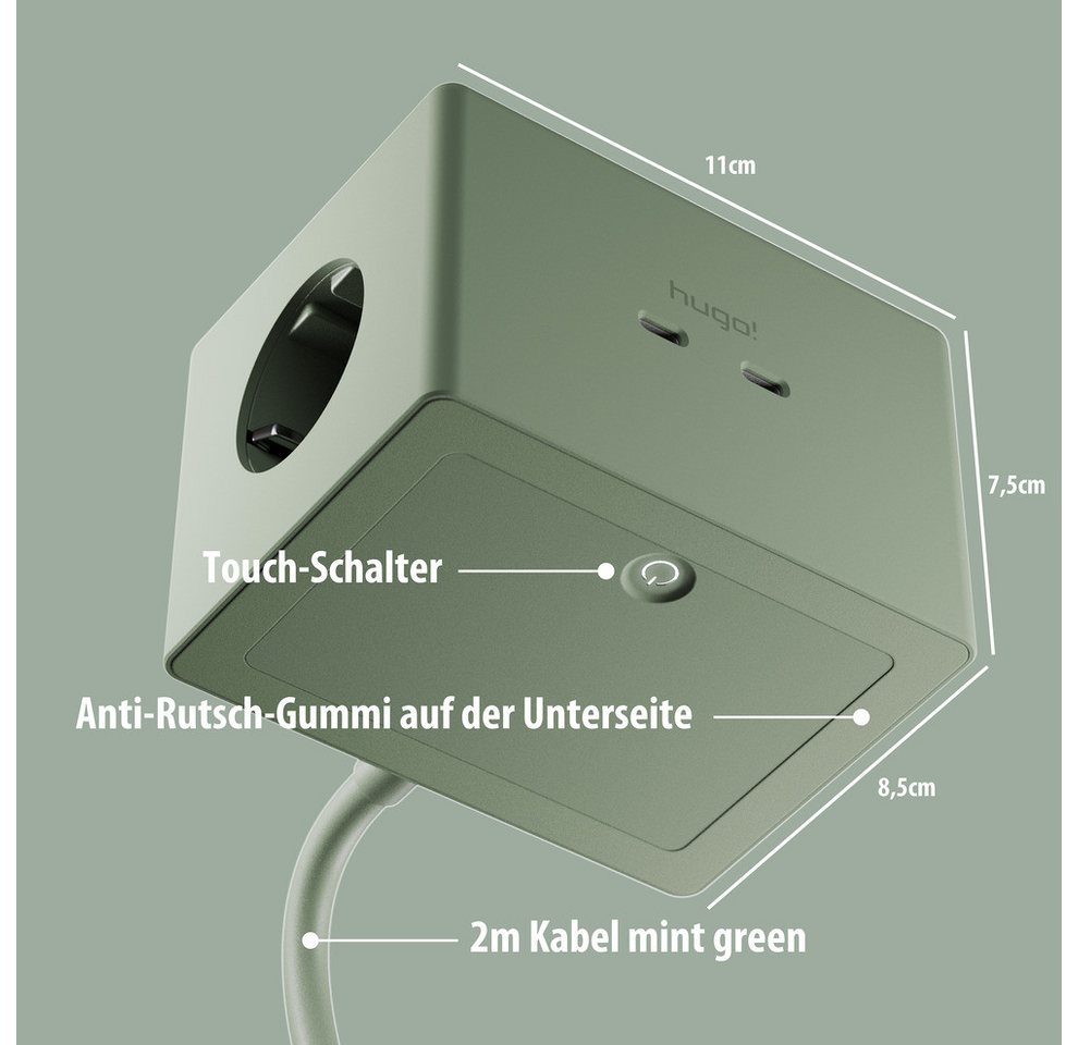 Brennenstuhl hugo! ONE 2nd Gen. Steckdosenwürfel mit USB C 20W PD, Wireless Charger Steckdosenleiste 2-fach (Kabellänge 2 m)