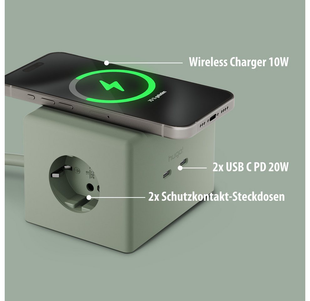Brennenstuhl hugo! ONE 2nd Gen. Steckdosenwürfel mit USB C 20W PD, Wireless Charger Steckdosenleiste 2-fach (Kabellänge 2 m) Bild 3