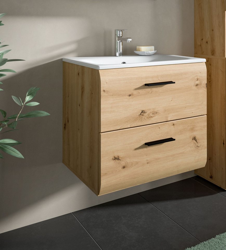 Inn.Furn Waschtisch Cover (Set inkl. Keramik Waschbecken, Eiche Artisan, Breite 60 cm), mit Vollauszug Schubkästen