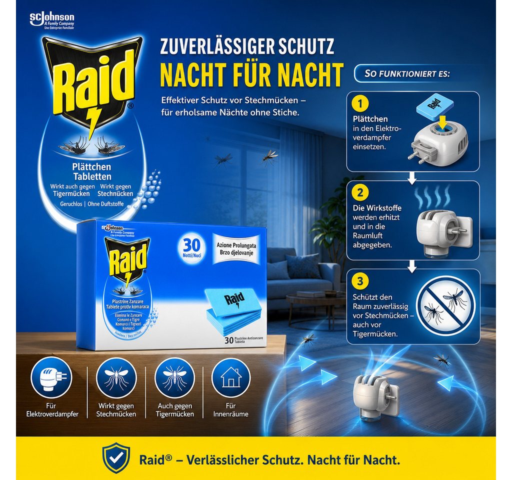 scjohnson Insektenabwehrgerät Raid Mückenplättchen Nachfüllpack 3x30 Stück Vorteilspack, 90-tlg.
