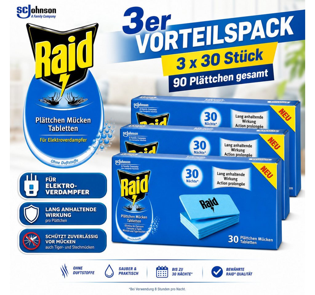 scjohnson Insektenabwehrgerät Raid Mückenplättchen Nachfüllpack 3x30 Stück Vorteilspack, 90-tlg. Bild 3
