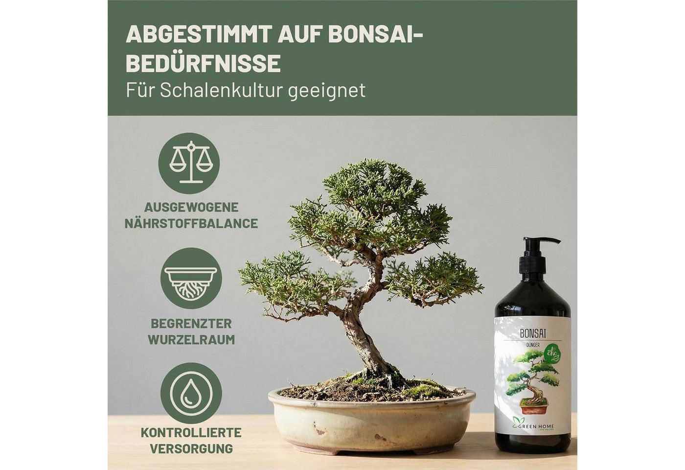 GREEN HOME LOVE NATURE Spezialdünger Bonsaidünger flüssig NPK 7+3+5 für Indoor- & Freilandbonsai, Bonsai, NPK 7+3+5, Spurennährstoffe, chelatiert, Dosierpumpe Bild 4