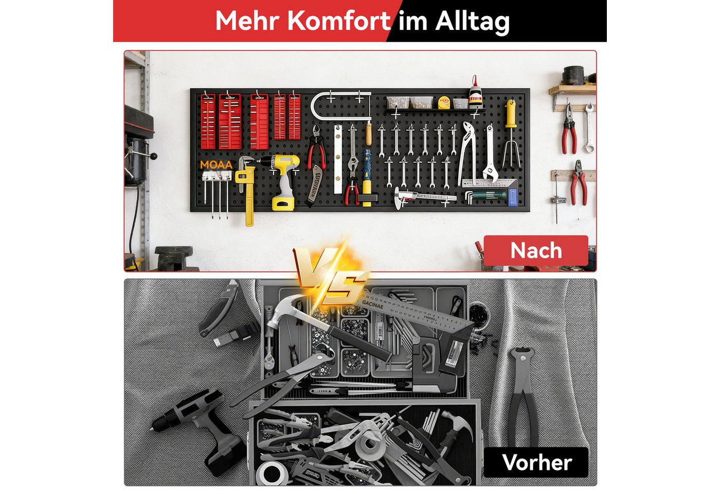 BlingBin Lochwand Stecktafel-Wandpaneele aus Metall,Stecktafelplatten, 1 Stk., mit 10 Haken, (1 Stk, 1-tlg., 120x40/60cm,Schwarz,Lochplatten Set Mit 100kg Tragfähigkeit), Wand-Organizer für Heimbüro, Bastelraum, Küche, Garage, Werkstatt