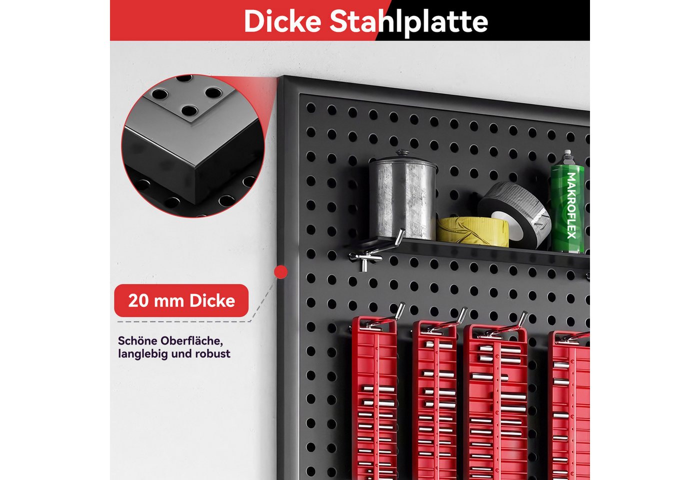 BlingBin Lochwand Stecktafel-Wandpaneele aus Metall,Stecktafelplatten, 1 Stk., mit 10 Haken, (1 Stk, 1-tlg., 120x40/60cm,Schwarz,Lochplatten Set Mit 100kg Tragfähigkeit), Wand-Organizer für Heimbüro, Bastelraum, Küche, Garage, Werkstatt Bild 3