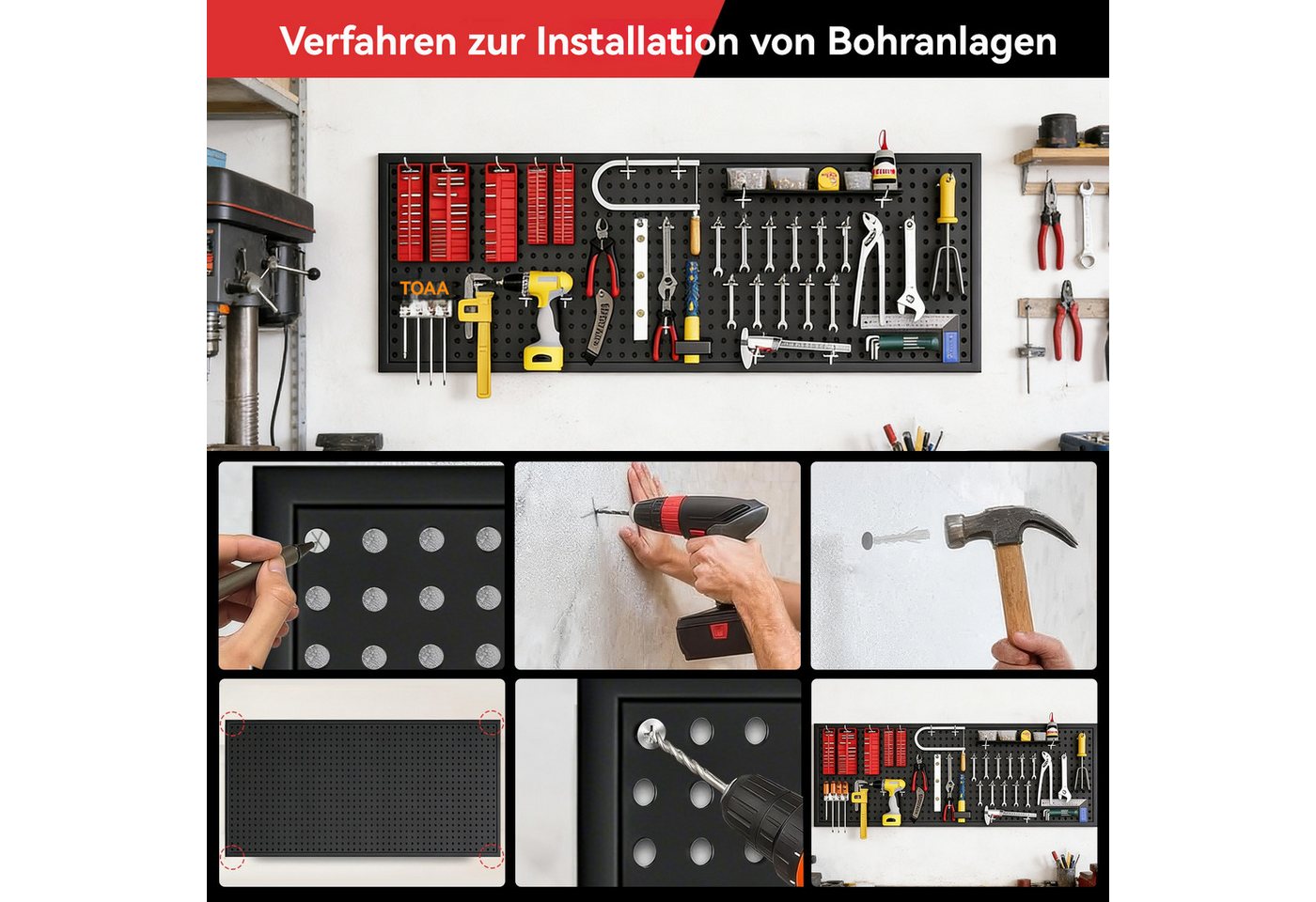 BlingBin Lochwand Stecktafel-Wandpaneele aus Metall,Stecktafelplatten, 1 Stk., mit 10 Haken, (1 Stk, 1-tlg., 120x40/60cm,Schwarz,Lochplatten Set Mit 100kg Tragfähigkeit), Wand-Organizer für Heimbüro, Bastelraum, Küche, Garage, Werkstatt Bild 4