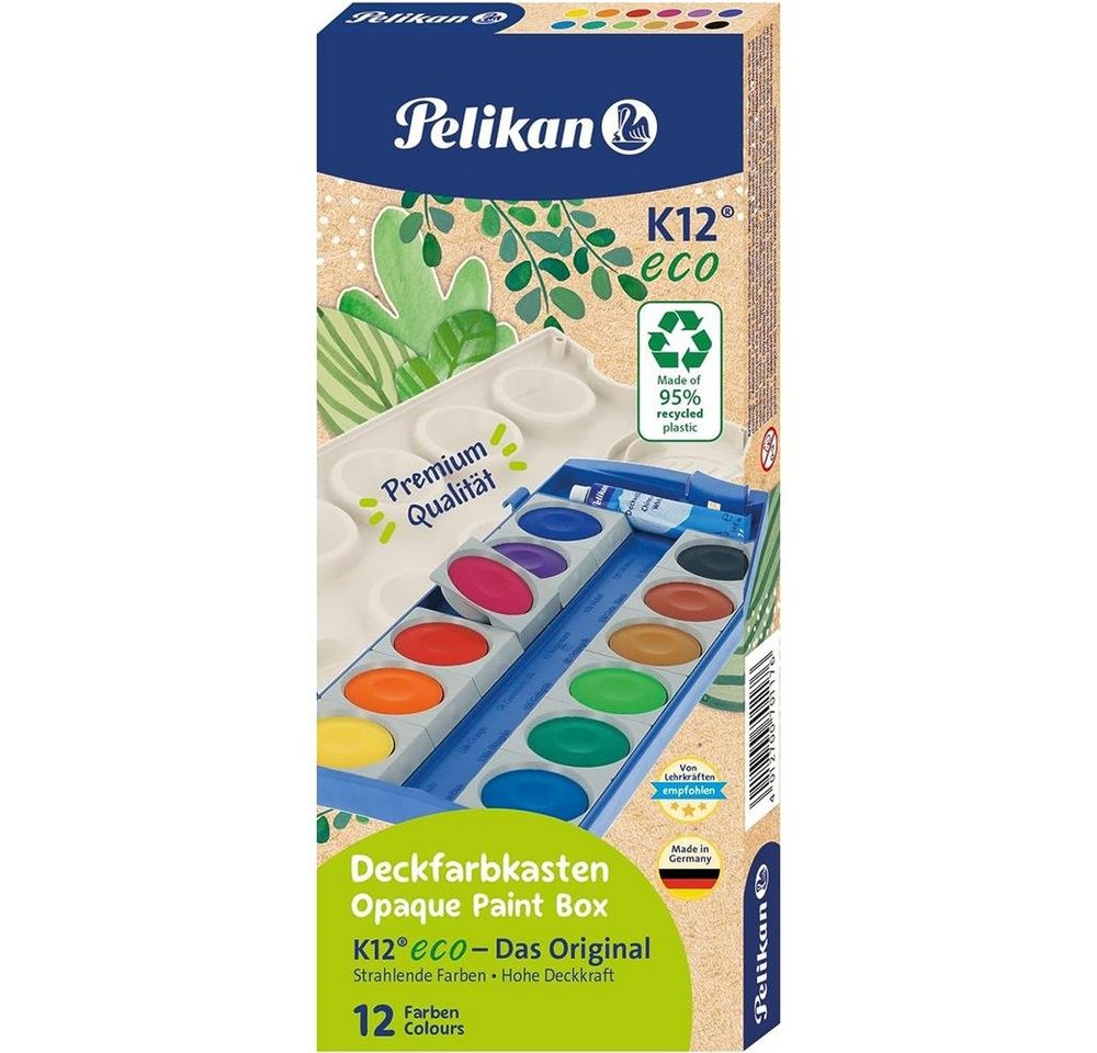 Pelikan Farbkasten Deckfarbkasten K12® eco mit 12 Farben, und Deckweiß Malkasten Schulmalfarben