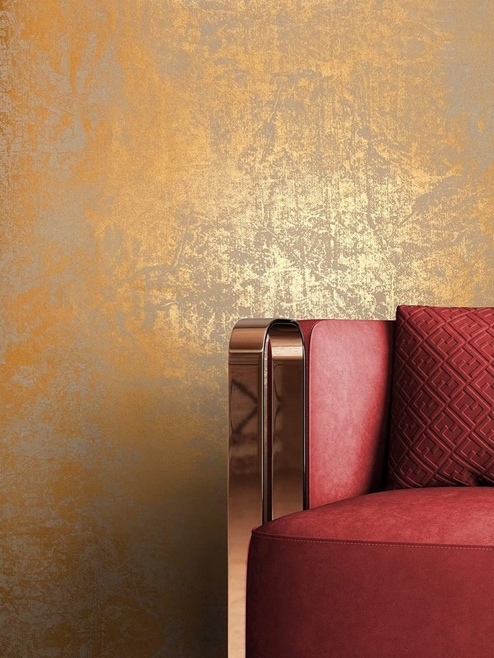 Newroom Vliestapete Oriel Tapete Metallic Glamour, Gold Tapete Glamour Glänzend - Betonoptik Putzoptik Orange Grau Industrial Modern Beton Putz für Büro Diele/Flur Schlafen, Betonoptik