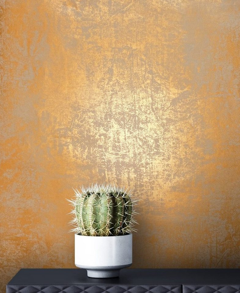 Newroom Vliestapete Oriel Tapete Metallic Glamour, Gold Tapete Glamour Glänzend - Betonoptik Putzoptik Orange Grau Industrial Modern Beton Putz für Büro Diele/Flur Schlafen, Betonoptik Bild 2
