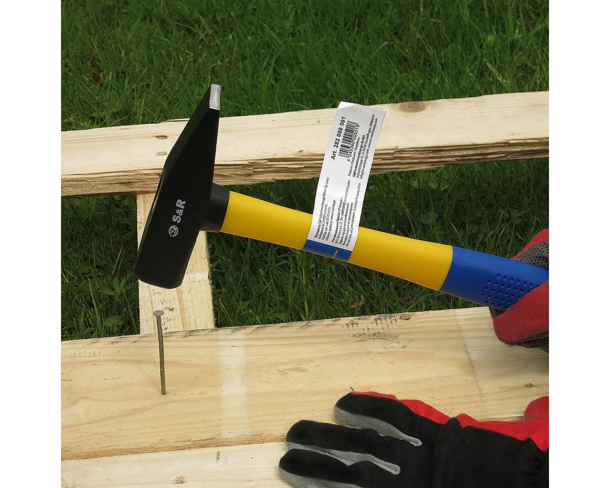 S&R Hammer Schlosserhammer 300 g Kopf, doppelt geschweifter rutschfester Stiel, aus robustem Fiberglas, stoßdämpfend und handschonend