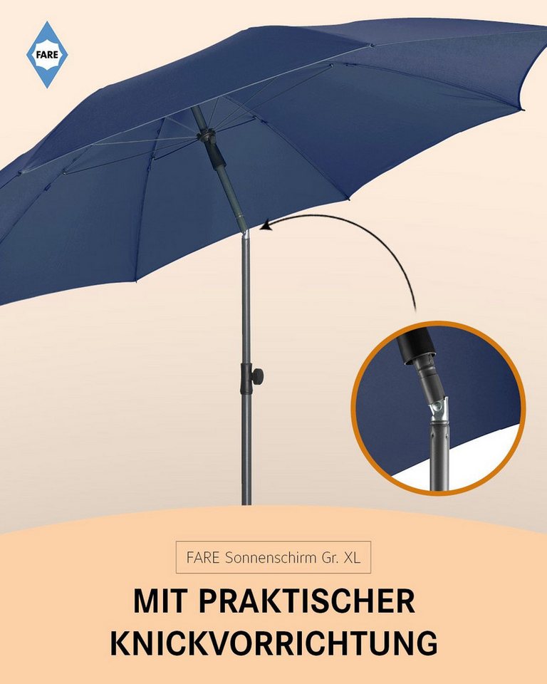 FARE Sonnenschirm XL, höhenverstellbar, Ø 235 cm, Titan-Finish, UPF 50+, knickbar, Ventilationsbezug, Fiberglas