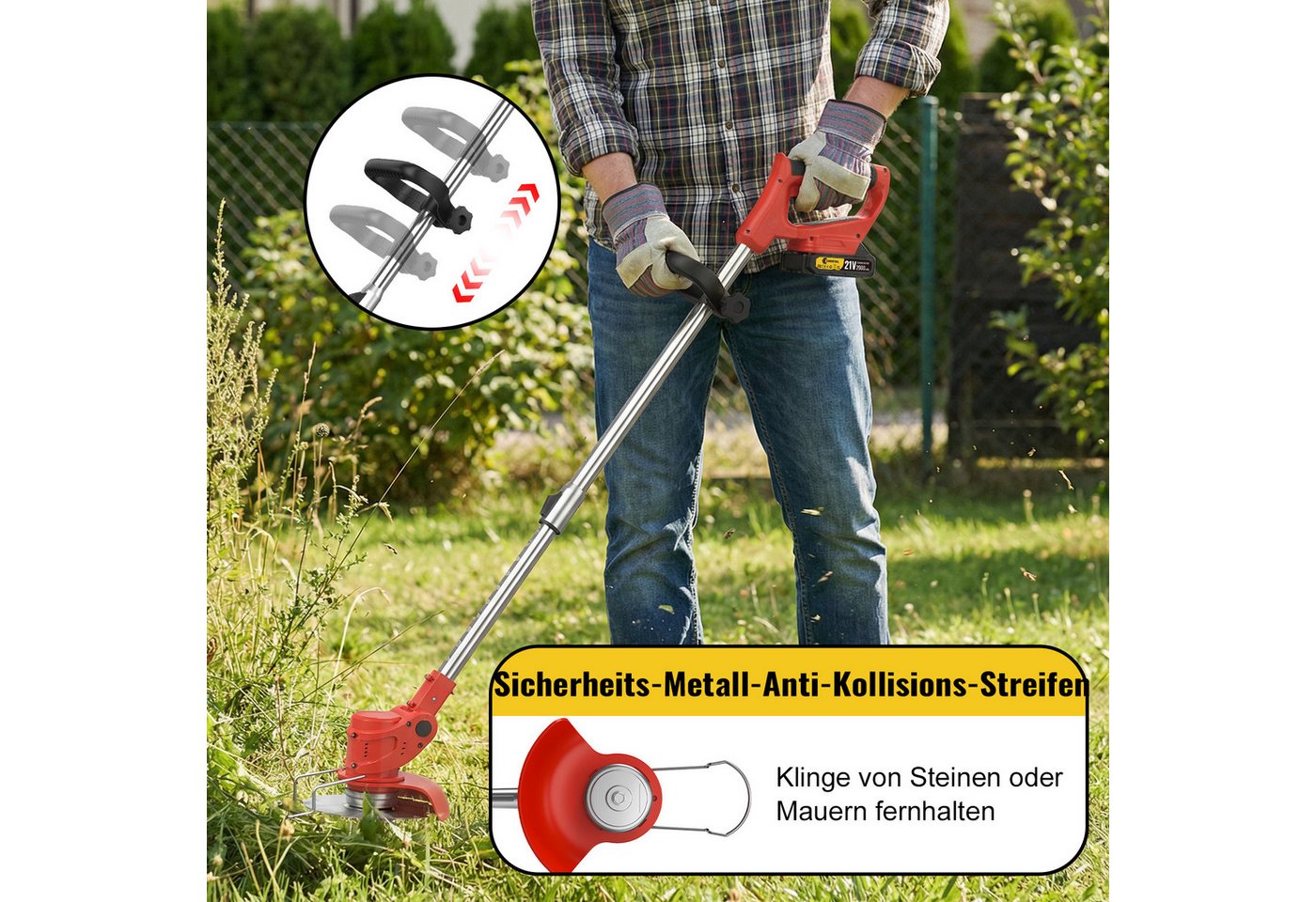 CONENTOOL Akku-Rasentrimmer 2x 2000mAh Akkus 21V, Rädern, 15 cm Arbeitsbreite Messer, (mit Akku und Ladegeät), 4 Arten Klingen, Teleskop-Stiel