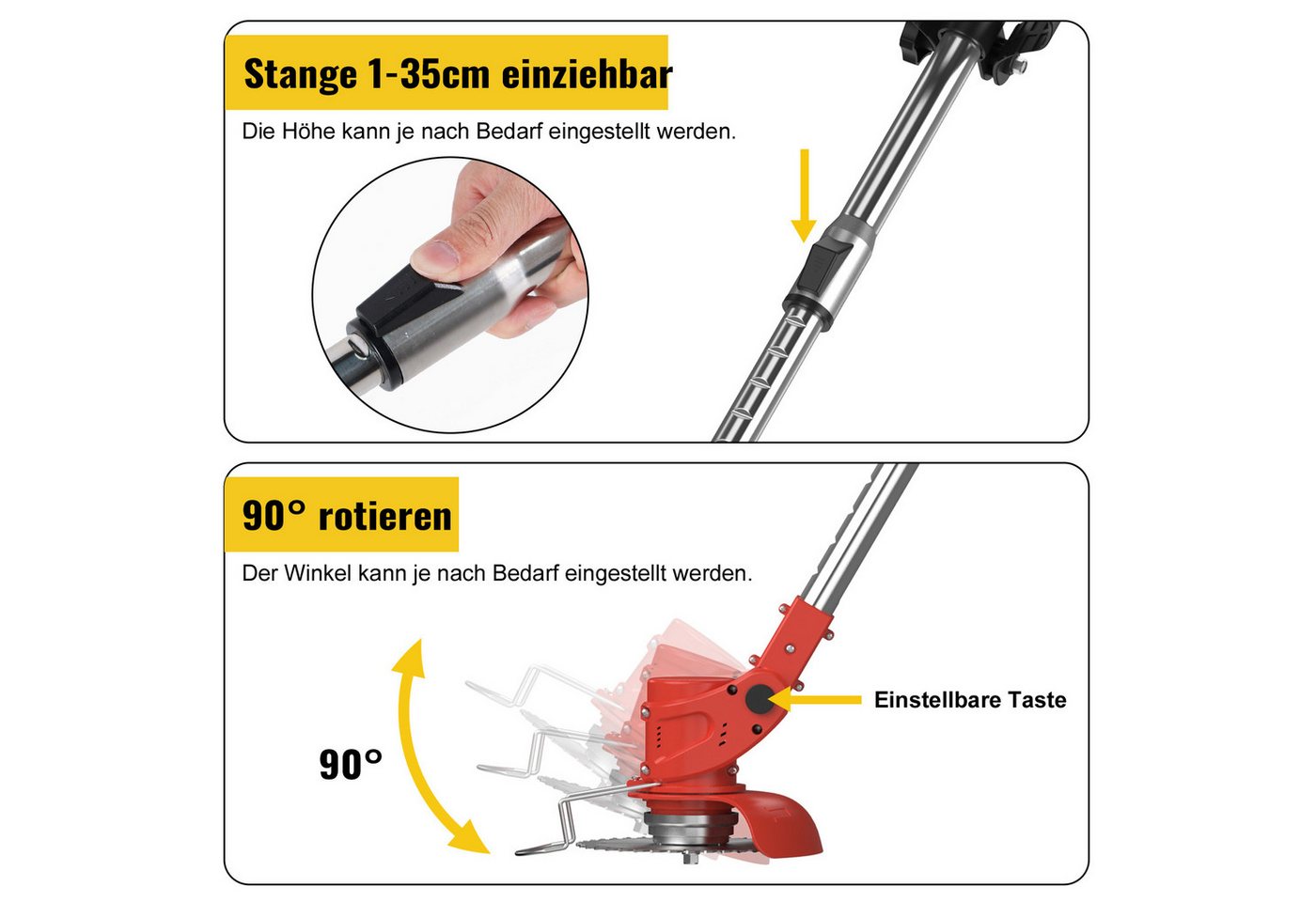 CONENTOOL Akku-Rasentrimmer 2x 2000mAh Akkus 21V, Rädern, 15 cm Arbeitsbreite Messer, (mit Akku und Ladegeät), 4 Arten Klingen, Teleskop-Stiel Bild 2