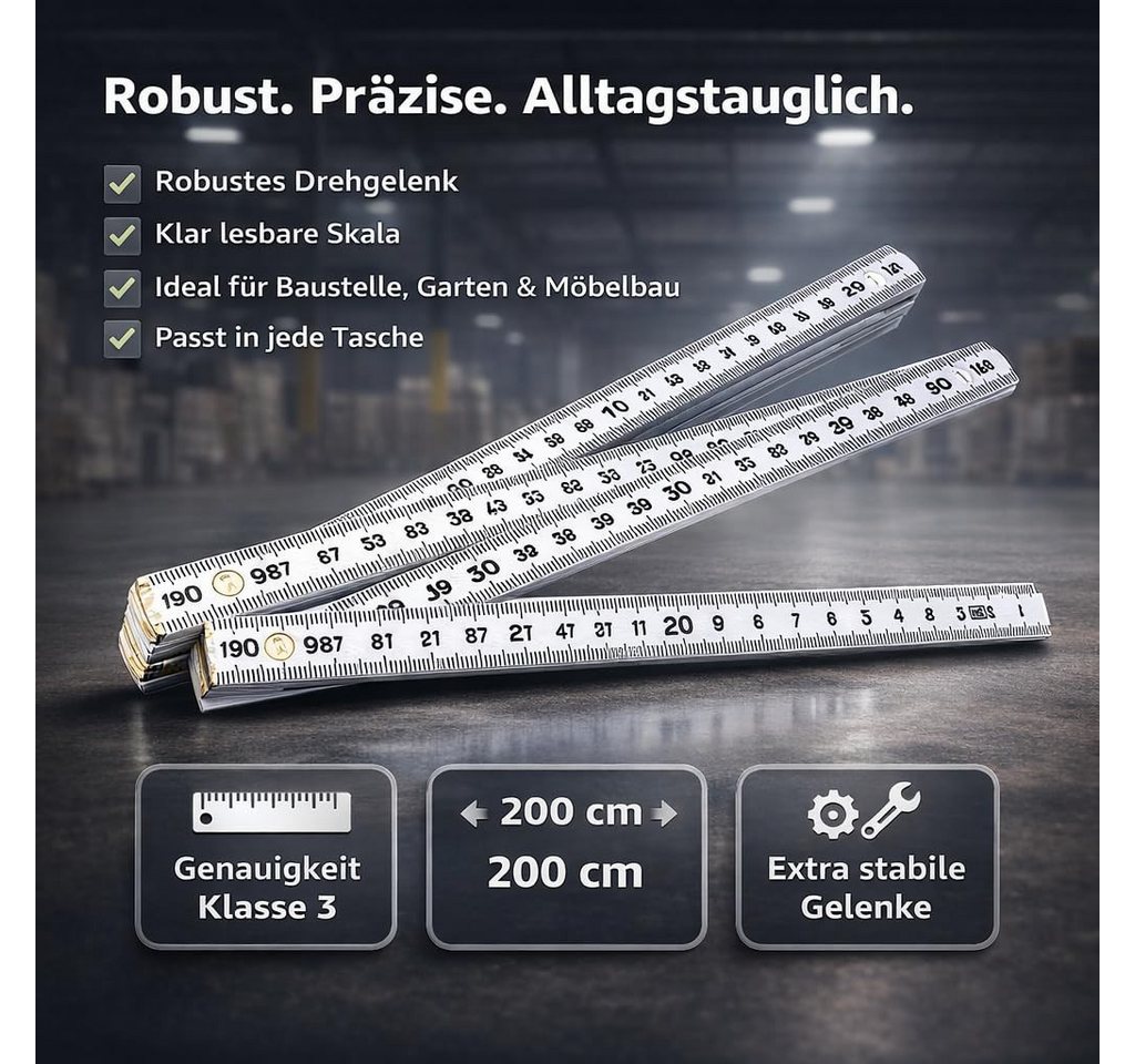 repairr Zollstock 5er Set Zollstöcke 2m - leicht ablesbar – Farbe Weiß