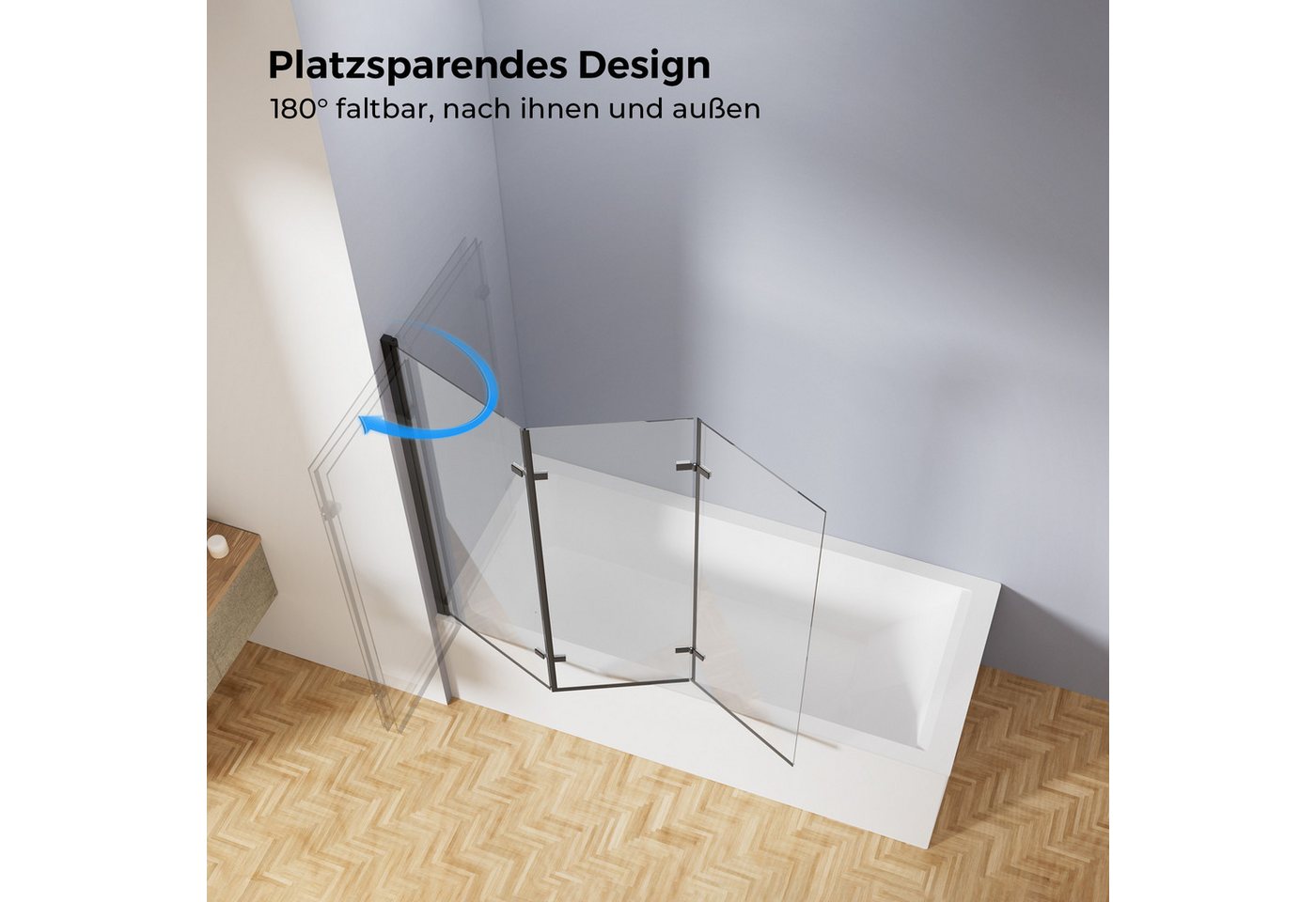 MEYKOERS Badewannenaufsatz 3-teilig Faltbar Duschabtrennung Badewanne Faltwand Duschwand, Sicherheitsglas, (120 x 140 cm), Aluminiumprofil in mattem Schwarz, 6mm Sicherheitsglas, Wasserdicht