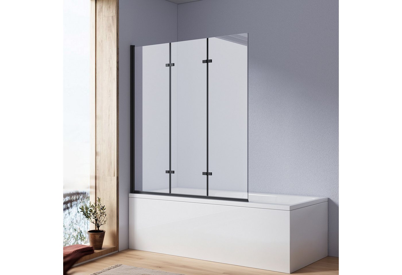 MEYKOERS Badewannenaufsatz 3-teilig Faltbar Duschabtrennung Badewanne Faltwand Duschwand, Sicherheitsglas, (120 x 140 cm), Aluminiumprofil in mattem Schwarz, 6mm Sicherheitsglas, Wasserdicht Bild 2