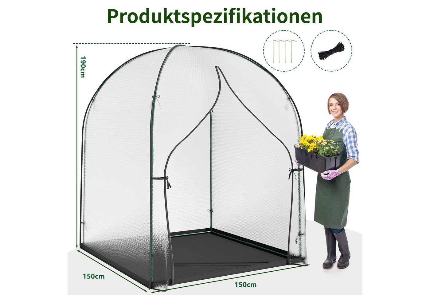 Meulbaty Gewächshaus für den Außenbereich, mit wasserfester Grundmatte, BxTxH: 150 x 150 x 190 cm, mit praktischem und sicherem Design Bild 5